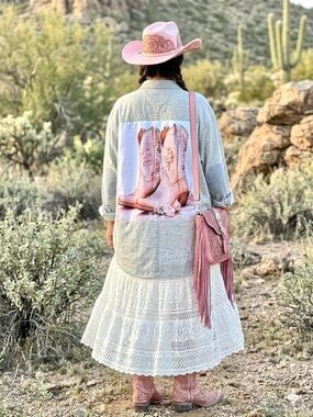 Upcycled Western boots floral back accent on boyfriend shirt farmhouse vibe